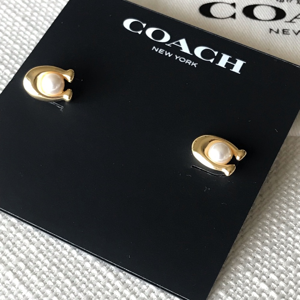 Coach Faux Pearl Gold C Stud Earrings, NWT - Picture 6 of 14